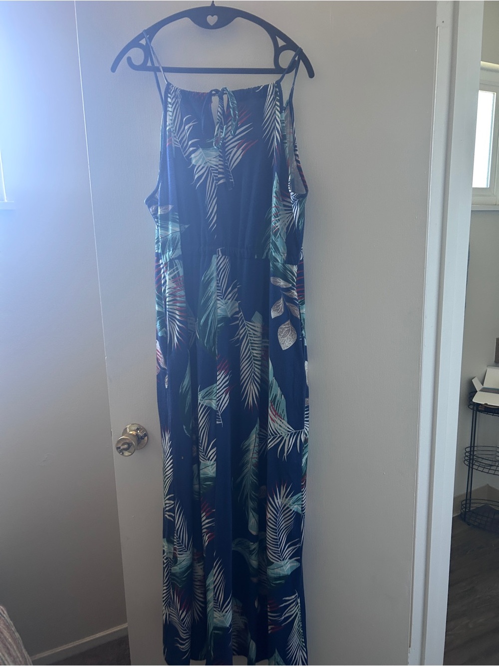 Sleeveless Navy Tropical Print Maxi Dress